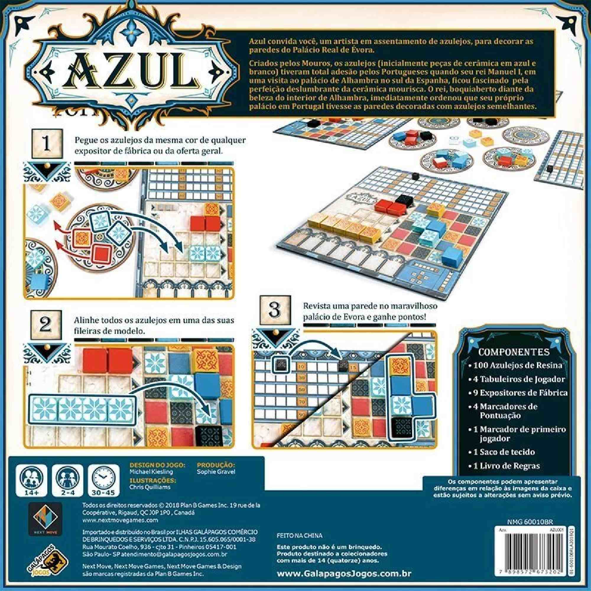 Um jogo de tabuleiro azul e branco com os números 1, 2, 3, 4 e 3