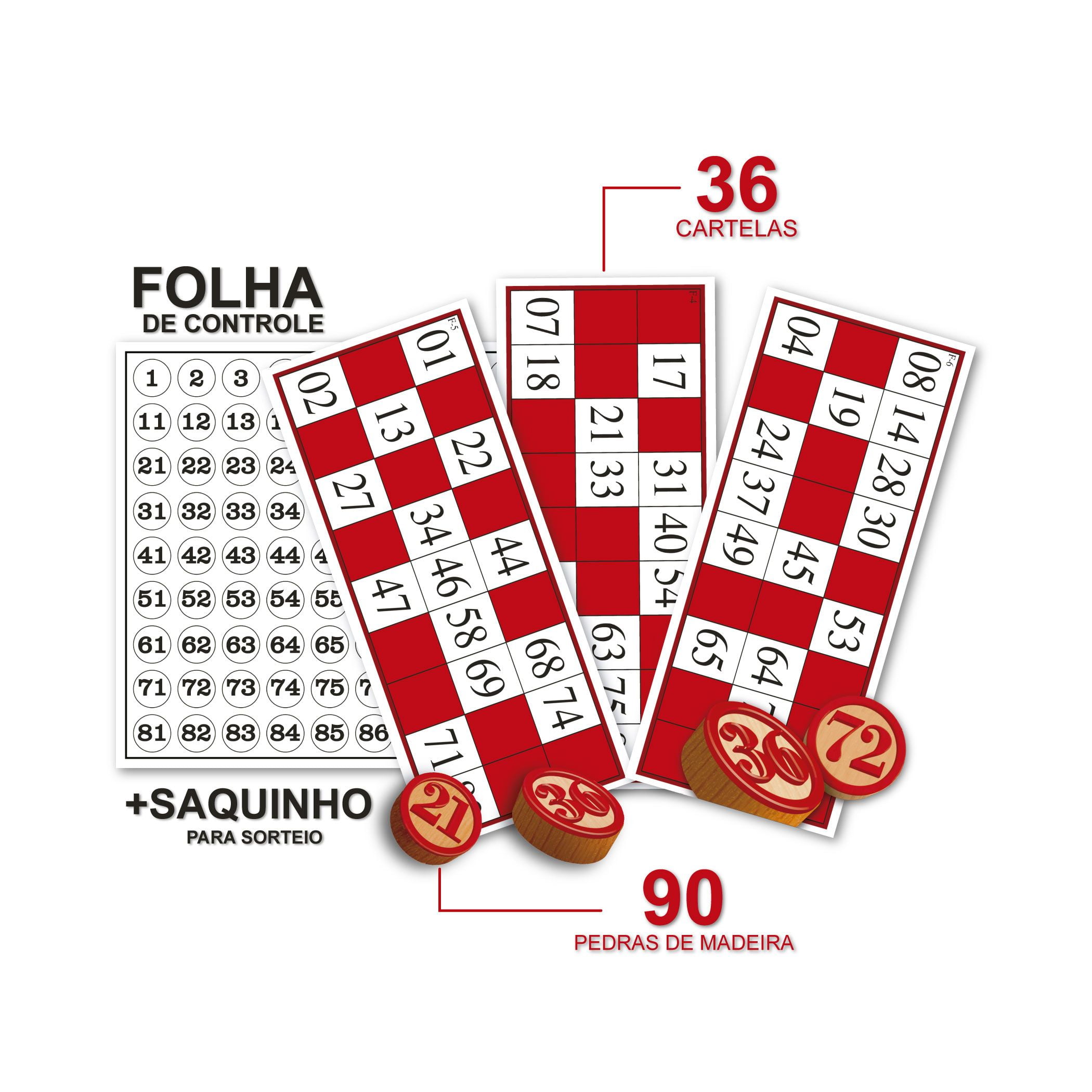 JOGO BINGO 90 PEDRAS DE MADEIRA NUMERADAS CARTELA MARCADORES SACO PARA  SORTEIO - IM42068