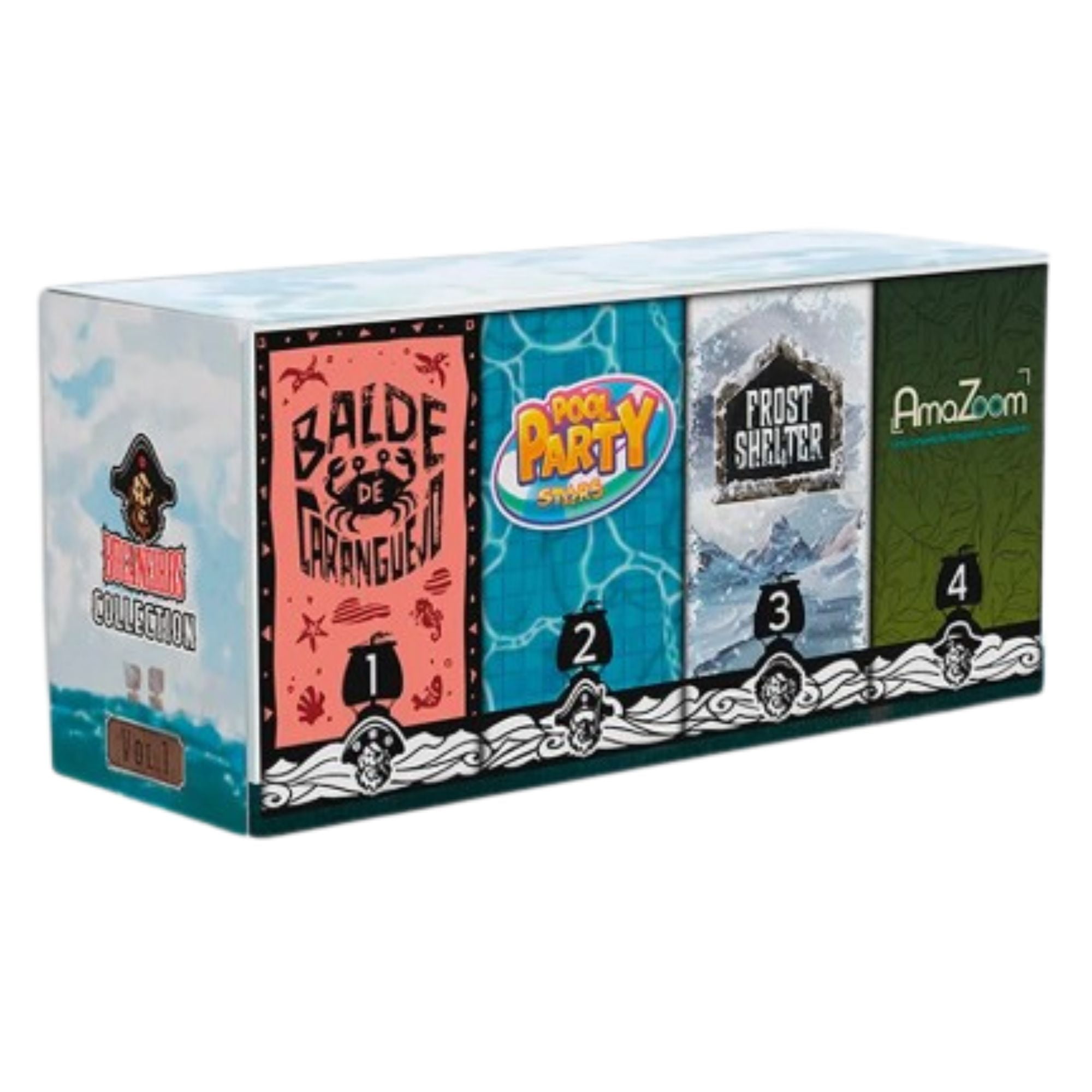 Kit Jogos Bucaneiros Collection : Balde de Caranguejo, Pool Party Stars, Frost Shelter, AmaZoom (Vol 1) + Sleeves Grátis e Kit de Promos