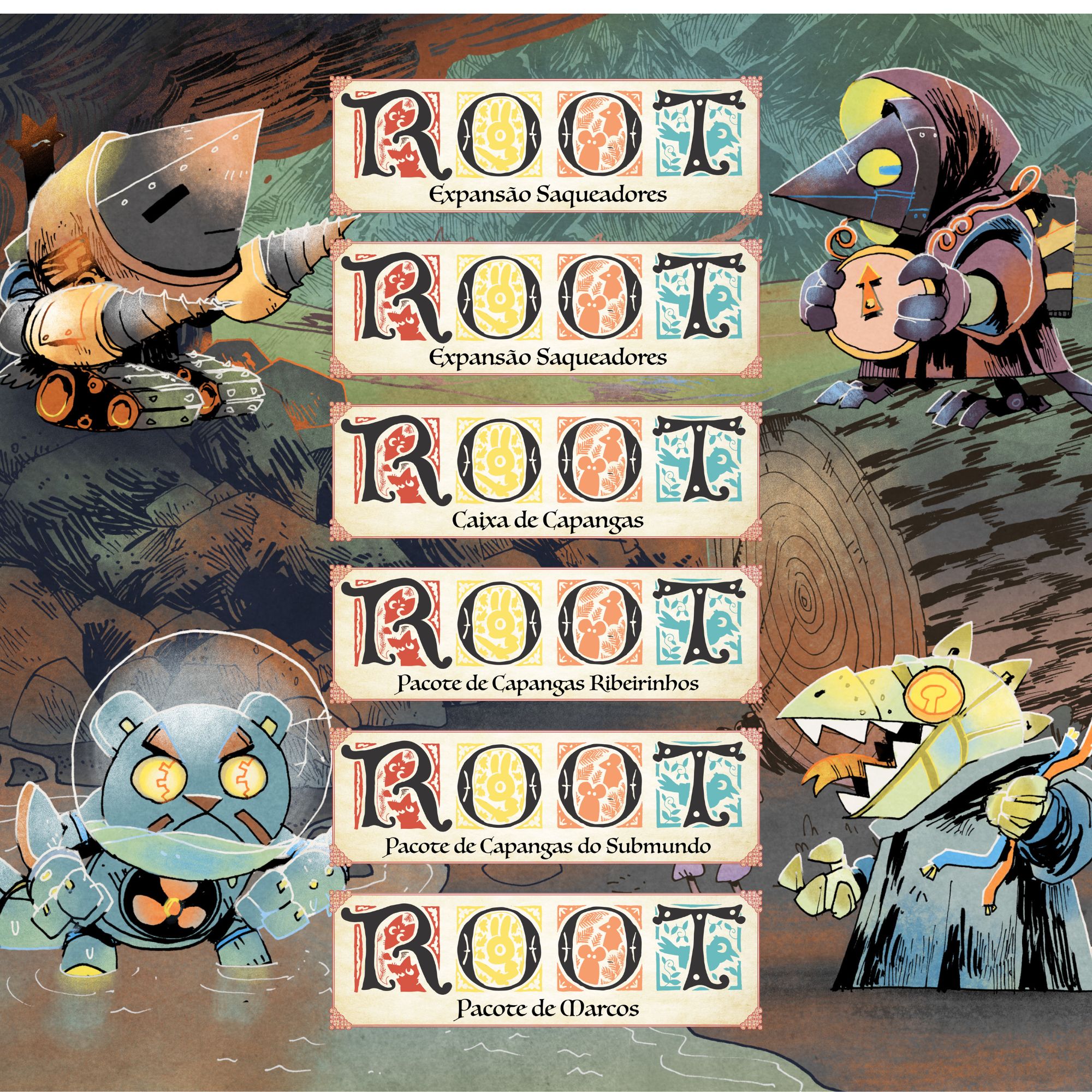 Expansões Root: Automata 2, Caixa de Capanga, Saqueadores, Caixa de Capangas Ribeirinhos e Submundo e Pacote de Marcos + Sleeve grátis