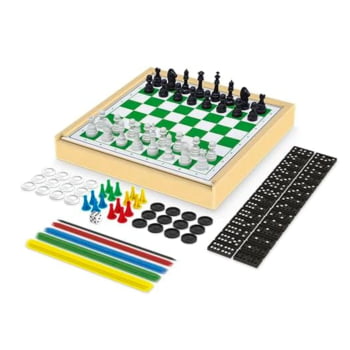 Jogo 6 em 1 - Xadrez, Damas, Ludo, Trilhas, Dominó, Pega Varetas - Junges