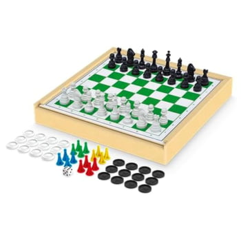 Jogo 6 em 1 - Xadrez, Damas, Ludo, Trilhas, Dominó, Pega Varetas - Junges